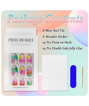 24 Piece Colorful Almond False Nails - Glossy Artificial Press-On Nails with Rainbow Star Art for Women & Girls - Buy Online on GoSupps.com