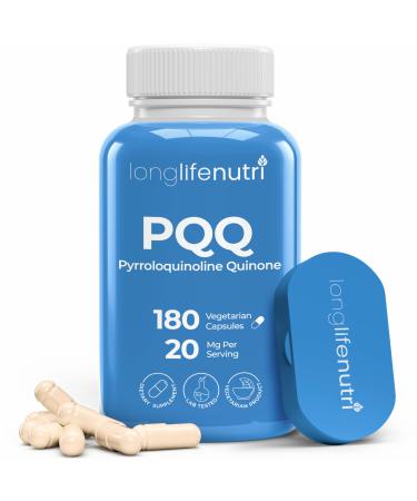 LongLifeNutri PQQ 20mg - 180 Vegetarian Capsules Pyrroloquinoline Quinone 6-Month Supply Supplement for Daily Energy & Mental Performance GMP Certified Made in USA 180 Count (Pack of 1)