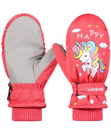 Kids Ski Mittens, Kids Gloves, Cute Unicorn Waterproof Winter Snow Mittens for Toddler Babby Boys and Girls(2-10) Red Size M : 5-10 Years