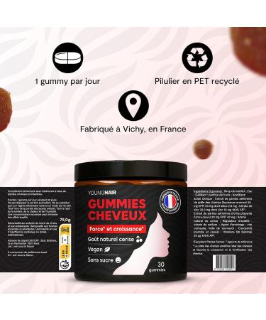 Gummies Cheveux Compl ment Alimentaire Pousse & Anti-Chute Biotine Zinc Pr le & Ortie Sans Sucre V gan Go t Cerise Naturel 1 Gummy/Jour Cure 1 mois - Fabriqu en France Young Hair - Buy Online on GoSupps.com