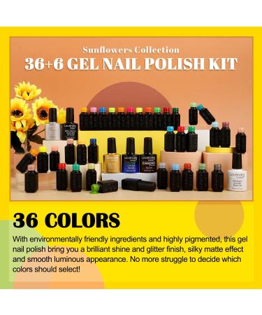 Lavender Violets 42 Piece Gel Nail Polish Set with Fluorescent Finish - UV/LED Soak-Off Formula - Includes Glossy, Matte, Diamond, and Glow in the Dark Top Coats - Full Range Shades - C955 Sunflowers - Buy Online on GoSupps.com