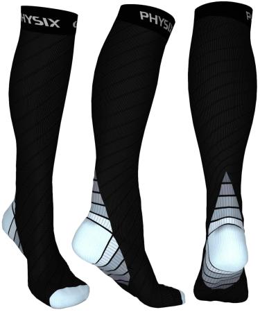 Physix Gear Compression Socks for Men & Women (20-30 mmhg) Best Graduated Athletic Fit for Running Nurses Shin Splints Flight Travel & Maternity Pregnancy - Boost Stamina Circulation & Recovery L-XL Black / Grey