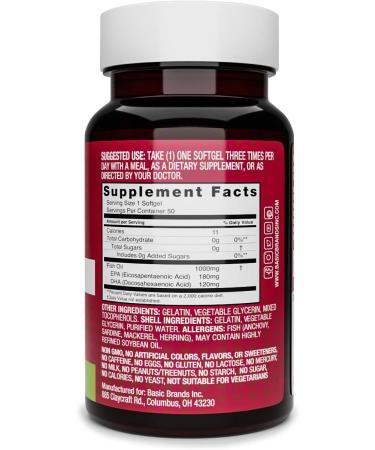 Basic Brands Smart Heart Omega-3 Fish Oil 1000mg - Triple Strength EPA & DHA Non-GMO Heart & Cognitive Support - 50 Burpless Softgels - 2-Pack 50 Count (Pack of 2) - Buy Online on GoSupps.com