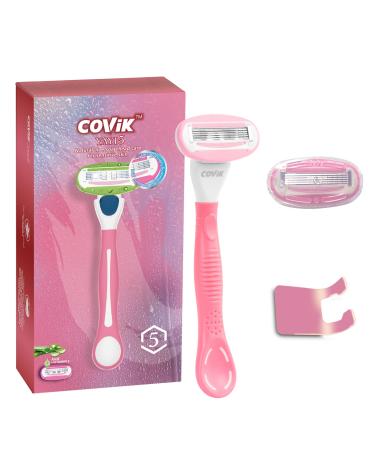 COVIK Razors for Women 5-Blade Women Razors Sensitive Skin for Shaving, 1 Non-Slip Razor Handle, 2 Razor Blade Refills, 1 Hanger, Pink