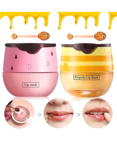 Honey&Strawberry Bee Balm Lip Balm Honey Pot Lip Mask Overnight Set with Brush Day And Night Repair Fade Lip Lines Lip Sleeping Mask Lip Scrubs Exfoliator & Moisturizer