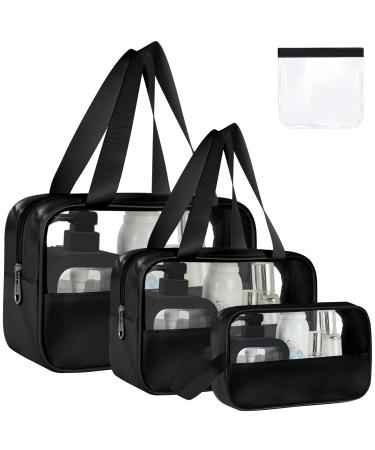 4PCS Clear Toiletry Bag Wash Bag Clear PU Makeup Bag Waterproof Toiletry Travel Bag with Zipper Handle Portable Airport Cosmetic Bag for Travel Bathroom Men Women (Black) 4pcs Black