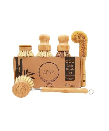 ARYA. | Eco Dish Brush Set | 4 Kitchen Washing Up Brushes & One Replacement Head | Bamboo & Natural Fibers | Eco Friendly Wooden Pot Brush Scourer Scrubber Sponge Alternative