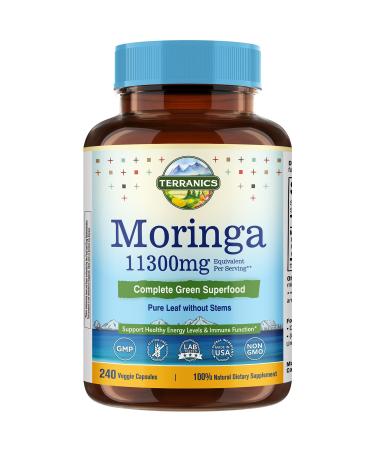 Terranics Moringa Capsules, Pure Moringa Oleifera Leaf Powder 11300mg Strength, Energy, Skin, Immune Health, Non GMO, No Gluten, Natural Green Superfood Supplement, 240 Vegan Caps 240 Count (Pack of 1)
