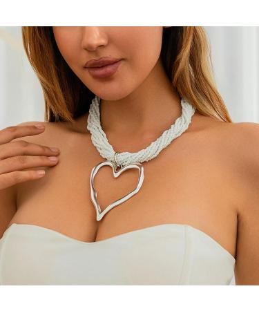 Oralgo's Large Heart Metal Necklace - Fashionable Multi-Layered Pearl Choker & Statement Silver Collarbone Chain Jewelry - Buy Online on GoSupps.com