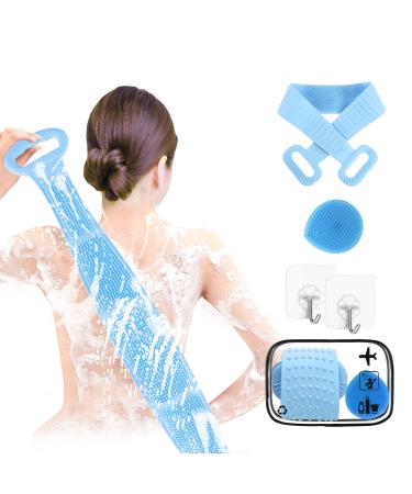 silicone body bath shower scrubber - extra longer 35 inch back brush face cleaning brush travel cosmetic bag exfoliating lengthen strong extensibility stimulate the circulation of blood blue