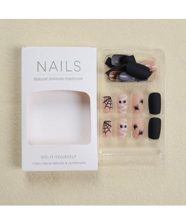 Black Halloween Press on Nails - Short Square Fake Nails with Spider Web Pattern | 24 Pcs Acrylic Glue Stick On Nails for Women - Buy Online on GoSupps.com