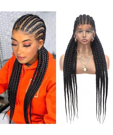 Alebery 36 Full Lace Braided Wigs for Black Women Jumbo Box Braids Lace Front Wig with Baby Hair Lightweight Synthetic Lace Frontal Black Cornrow Twisted Wigs (Black)