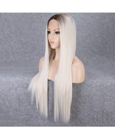 SHIYID Platinum Lace Front Wig - Blonde & Brown Roots | Long Silky Straight Synthetic Wig for Women - Heat Resistant - Buy Online on GoSupps.com