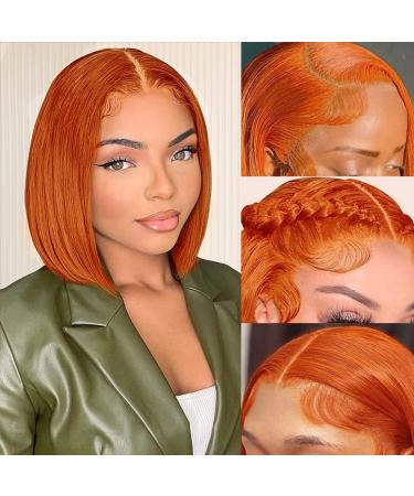 12Inch Ginger Bob Lace Front Human Hair Wigs Bob 150% Density Brazilian Orange Straight Short Bob Wigs Colored 13x4 HD Lace Front Human Hair Wigs for Women Ginger Bob Glueless Wigs Pre Plucked with Baby Hair 12 Inch