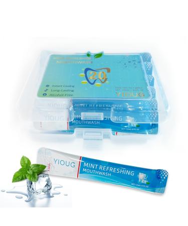 YIOUG Portable Travel Mouthwash Packets 20 Count Mint Oral Rinse Strips in Reusable Box Alcohol-Free Single-Use Mouth Freshener for On-The-Go Office Airplane & Road Trips