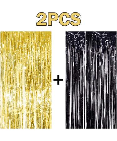2PCS 3' X 8' Black & Gold Metallic Tinsel Foil Fringe Curtain Backdrop for Parties - 2023 New Years, Halloween, Graduation - 2 Pack - Buy Online on GoSupps.com