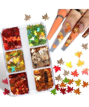 6 Grids 3D Maple Leaf Glitter Nail Sequins Fall Nail Art Stickers Decals Holographic Laser Glitter Leaves Gold Yellow Red Fall Glitter Nail Designs Charms Autumn Glitter for Acrylic Nail Decorations B-3
