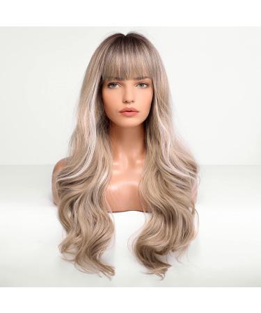 EMMOR Ombre Blonde Wavy Wig with Bangs - Long Curly Heat Resistant Fiber Synthetic Wig for Daily Use - Buy Online on GoSupps.com