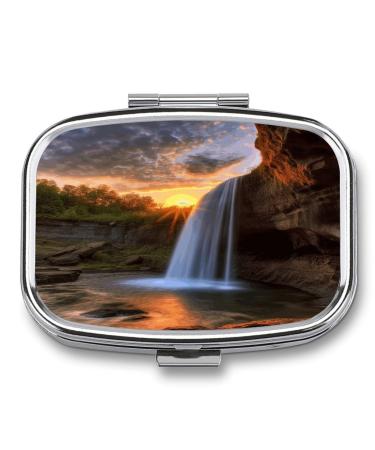 Pill Box Waterfall at Sunset Print 2 Compartment Medicine Pill Case Pill Organizer Decorative Metal Portable Pill Box for Pocket Or Purse