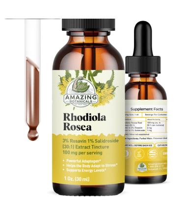 Amazing Botanicals Rhodiola Rosea Liquid Extract Tincture Herbal Supplement Drops 100mg per Serving Vegan Non-GMO 30mL (1oz)
