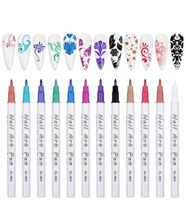 12 Colors 3D Metallic Nail Funst Pin Set Kalolary Nail Spit Nail Art Pen Graffiti Pointing Pencil Drawing Painting Liner Brush for Diy Nail Art Beauty Jewelry Manicure Tools