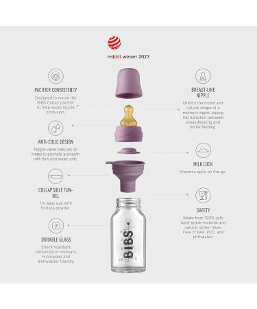 BIBS Baby Glass Bottle 110ml Mauve Complete Set | Anti-colic, Natural Rubber Latex Nipple | Supports Natural Breastfeeding - Buy Online on GoSupps.com