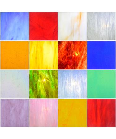 Wecrejoni 16 Sheets Variety Stained Glass Sheets,4 X 4" Cathedral Art Glass Variety Mixed Textures Glass Sheets for Stained Glass Projects, for Crafts (Mashup 1)