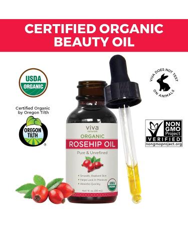 Viva Naturals Organic Rosehip Seed Oil (1 fl oz) - 100% Pure Cold Pressed Moisturizing Oil for Face, Hair, Skin & Nails | Non-GMO - Buy Online on GoSupps.com