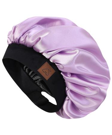 Hat Hut Satin Bonnet Silk Bonnet Sleep Cap for Women Hair Bonnet for Curly Hair Sleeping Adjustable Wide Band Double Layer One Size A05-Lilac