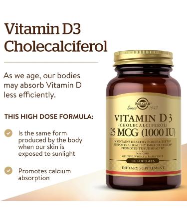 Solgar Vitamin D3 25 mcg (1000 IU) - Bone & Teeth Health Support - Immune System Booster - Non-GMO, Dairy, and Gluten Free - 100 Count - Buy Online on GoSupps.com