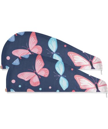 Blue Pink Butterfly Hair Towel 2 Pack - Super Absorbent Quick Dry Turbans for Women & Girls - Buy Online on GoSupps.com