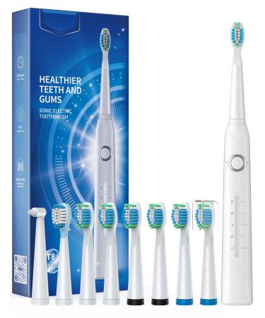 Electric Toothbrush Sonic Toothbrushes with 8 Brush Heads 40000 VPM 5 Modes Sonic Toothbrushes Fast Charge 4 Hours Last 30 Days (White)