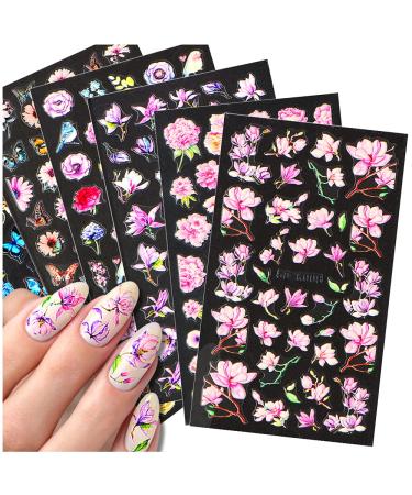 Dornail 6 Sheets 5D Stereoscopic Embossed Nail Stickers Flowers Butterfly Nail Decals Summer Nail Art Stickers DIY Design Decoration Accessories