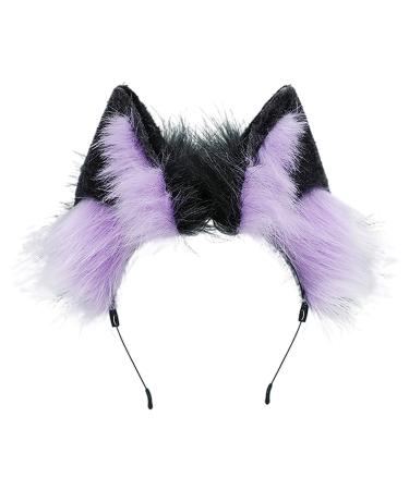 ZFKJERS Furry Fox Wolf Cat Ears Headwear Women Men Cosplay Costume Party Cute Head Accessories for Halloween (Purple Black)