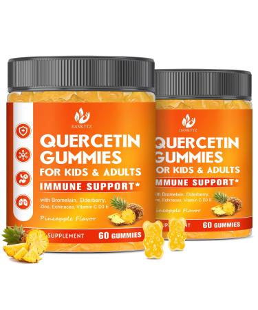 (2 Pack) Sugar Free Quercetin with Bromelain Gummies for Kids & Adult - Immune, Antioxidant, Seasonal Support, 1000mg Quercetin Supplements with Bromelain, Zinc, Elderberry, Vitamin C D3 E, 120 Count