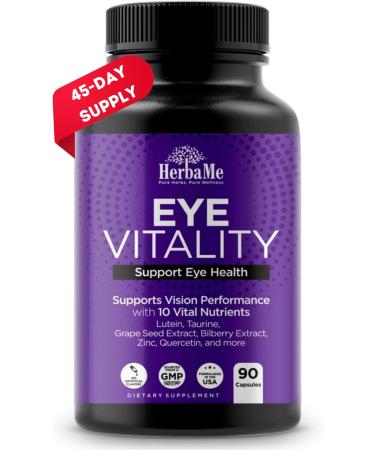 HerbaMe Eye Vitality, Eye Vitamins Supplement with Lutein, Bilberry, Beta Carotene, L-Taurine, Zinc and Quercetin, 90 Capsules, Supports Vision, Ocular and Macular Health, Helps Eyes Filter Blue Light - Buy Online on GoSupps.com