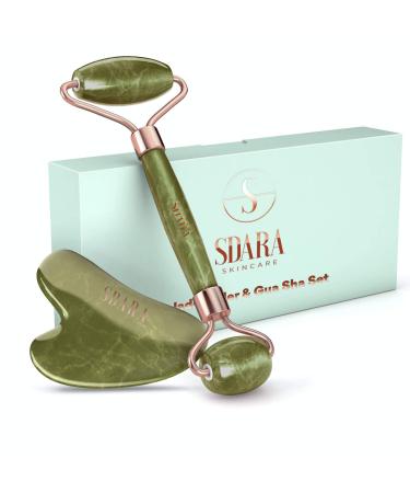 Sdara Jade Roller Gua Sha Set - Facial Roller and Massager for Slimming & Sculpting - Reduces Wrinkles & Eye Puffiness - Essential Skin Care Tools