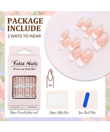 French Square False Nails Set - 24PCS Gloss Nude White Full Cover Press on Nails with Jelly Glue - Short Square White Fake Nails for Women and Girls - Buy Online on GoSupps.com