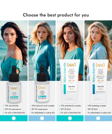 Skincyclopedia SPF 50 Face Sunscreen Fluid with 10% Anti-Blemish Complex Ground-breaking SPF 50 Sun Cream for Very High UV Protection Glow and Blemish Reduction 50ml - Buy Online on GoSupps.com