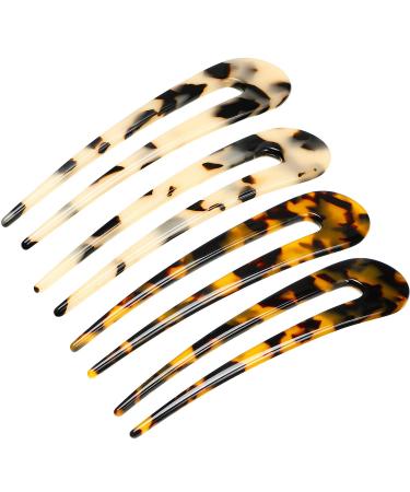 4 Pieces French U-shaped Hairpin with Two Prongs U Shape Hair Clips Chignon Pin Tortoise Shell U Sticks Pins for Women Girls Hairstyles