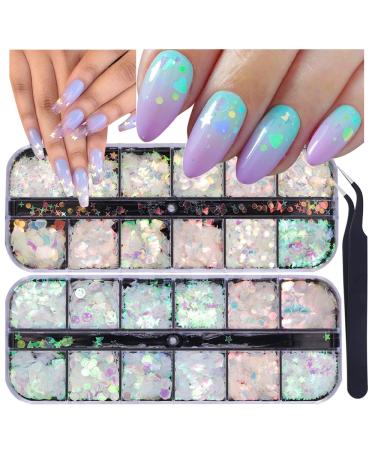 24 Grids Holographic Nail Sequins and 1 Pcs Nail Art Tweezers Iridescent Mermaid Flakes Ultra-Thin Colorful Flakes Glitter Sticker DIY Nail Art Face Body Eyes for Nail Art Decoration