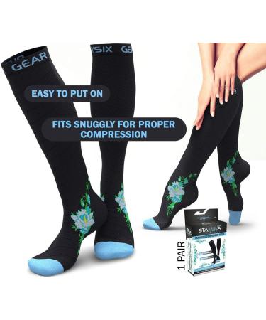 Physix Gear Compression Socks 20-30 mmHg for Men & Women - XXL Black Blue Flower - Athletic Fit for Running Nurses Maternity Pregnancy - Boost Stamina Circulation & Recovery - Buy Online on GoSupps.com