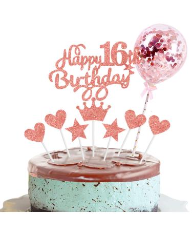 Happy 16th Birthday Cake Toppers Rose Gold Personalised for Kids Girl 2 Star 4 Heart 1 Crown with Balloon Customised 16th Birthday Cake Toppers Decor for Bithday Party Happy Birthday Sign for Cake Rose Gold-16th