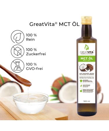 GreatVita MCT Oil - 100% Pure Coconut Oil | 2x 500ml | 70% Caprylic Acid (C8) | Flavor-Neutral Sugar-Free GVO-Free - Buy Online on GoSupps.com