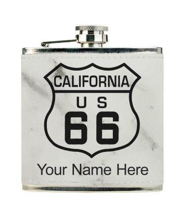 Faux Leather Flask Route 66 California Personalized Engraving Included (White Marble)