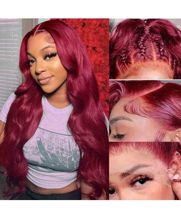 99j Burgundy Lace Front Wigs Human Hair 180% Density Bleached Knots 13x4 Hd Transparent Body Wave Lace Front Wigs Human Hair Pre Plucked with Baby Hair Glueless Wine Red Color Wigs for black women 22 Inch 22 Inch 99j bur...