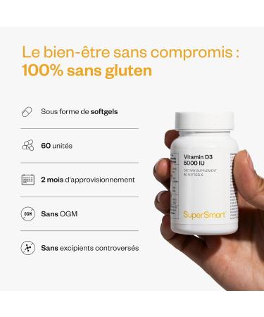 Vitamine D3 - Dosage Puissant & Forme Biodisponible - Soutient le Syst me Immunitaire les Os et le Coeur - Permet une Meilleure Assimilation du Calcium - Sans Gluten - Supersmart - Buy Online on GoSupps.com