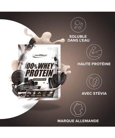 IronMaxx 100% Whey Protein Powder - Cookies and Cream 10 x 30g sachets | reduced sugar water soluble whey protein powder | many different flavours - Buy Online on GoSupps.com
