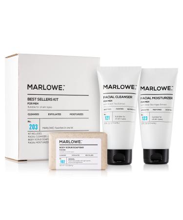 MARLOWE. Best Sellers Kit | No. 203 | Features Signature Body Scrub Soap Bar, Men's Facial Cleanser & Facial Moisturizer | Great Gift for Men