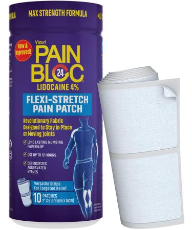 PainBloc24 Flexi-Stretch Adhesive Pain Patch  Topical Patches with Lidocaine 4%  Maximum Strength Relief for Back, Knee, Muscles  10 Strips (1-Pack)